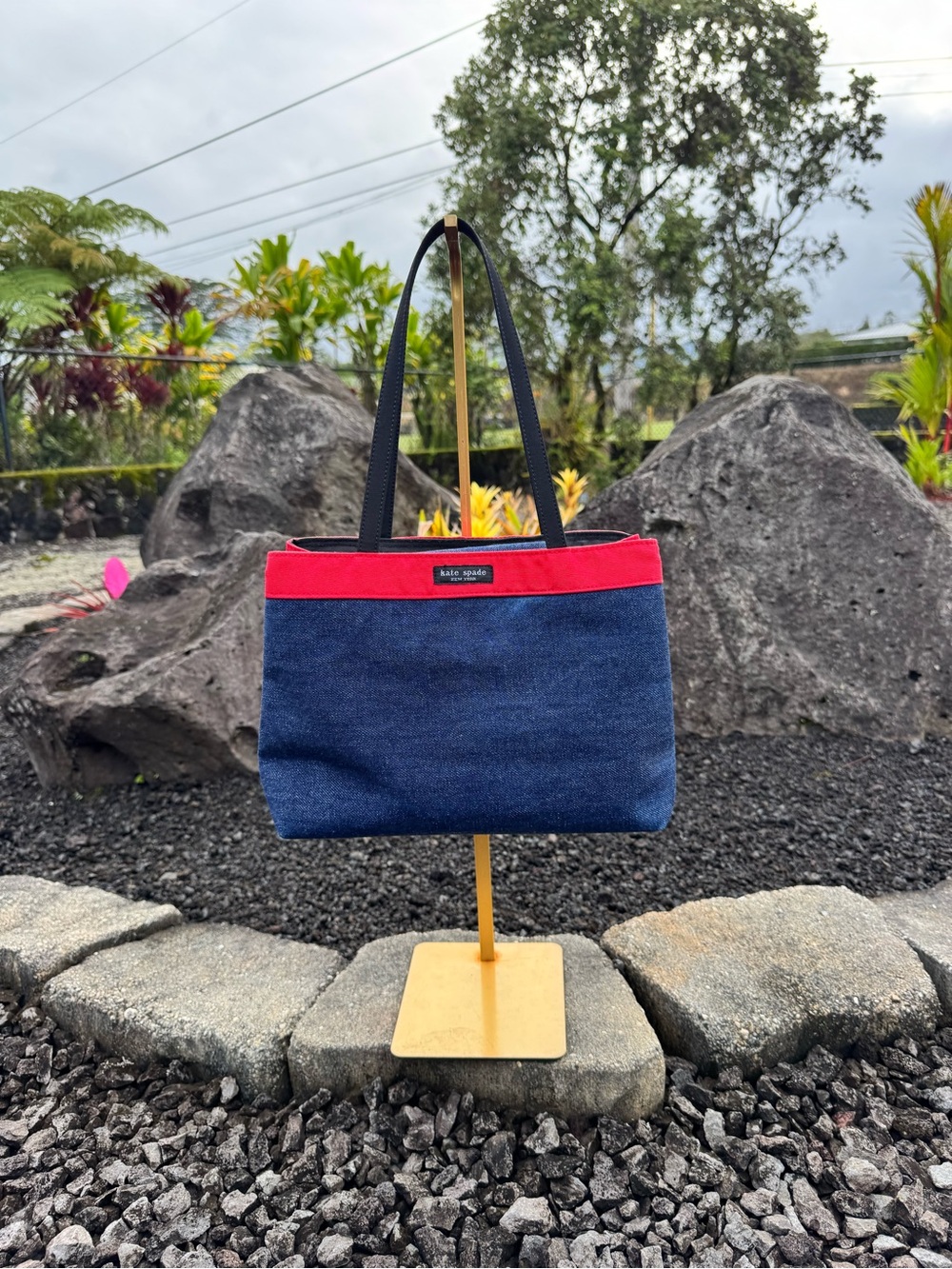 Kate Spade New York Vintage Denim Tote Bag Red Trim Shoulder Bag